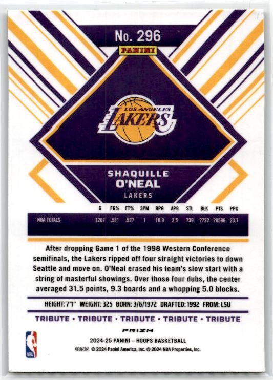 2024-25 Hoops Premium Prizms Silver #296 Shaquille O'Neal Los Angeles Lakers