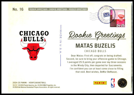 2024-25 Hoops Rookie Greetings #16 Matas Buzelis Chicago Bulls