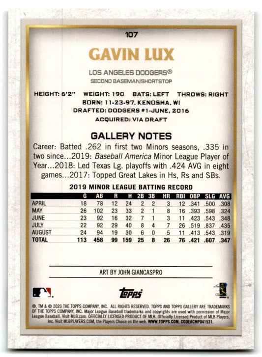 2020 Topps Gallery Gavin Lux Rookie Los Angeles Dodgers #107