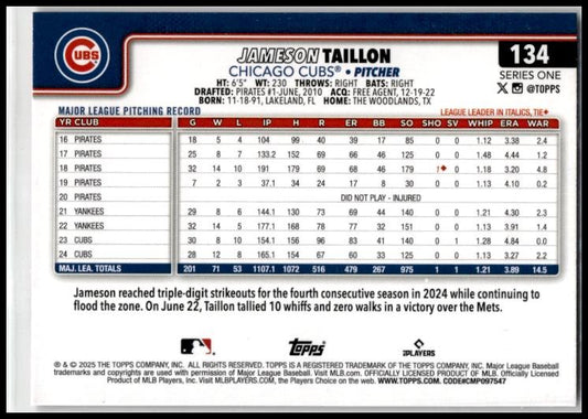 2025 Topps Pink Holo Foil #134 Jameson Taillon Chicago Cubs