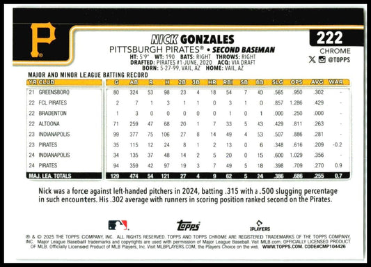 2025 Topps Gold Wave /50 #222 Nick Gonzales Pittsburgh Pirates
