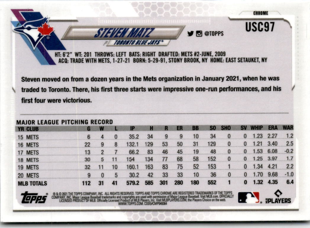 2021 Topps Update Purple #US59 Steven Matz Toronto Blue Jays