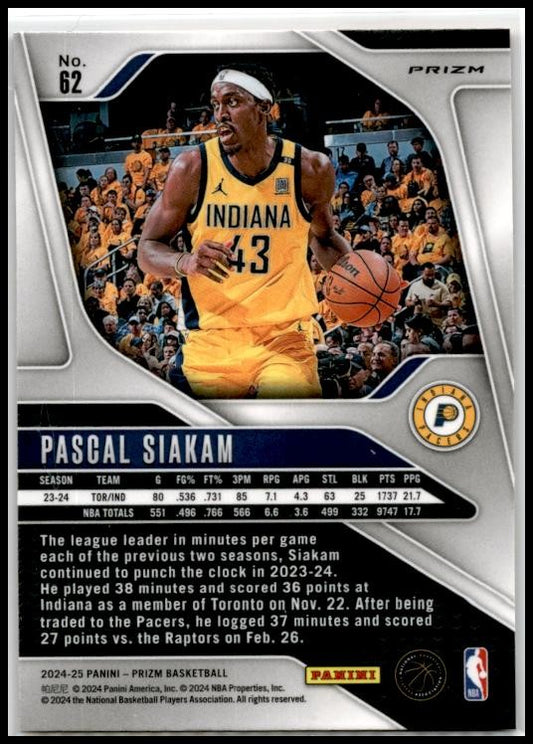 2024-25 Panini Prizm Prizms Orange Ice #62 Pascal Siakam Indiana Pacers
