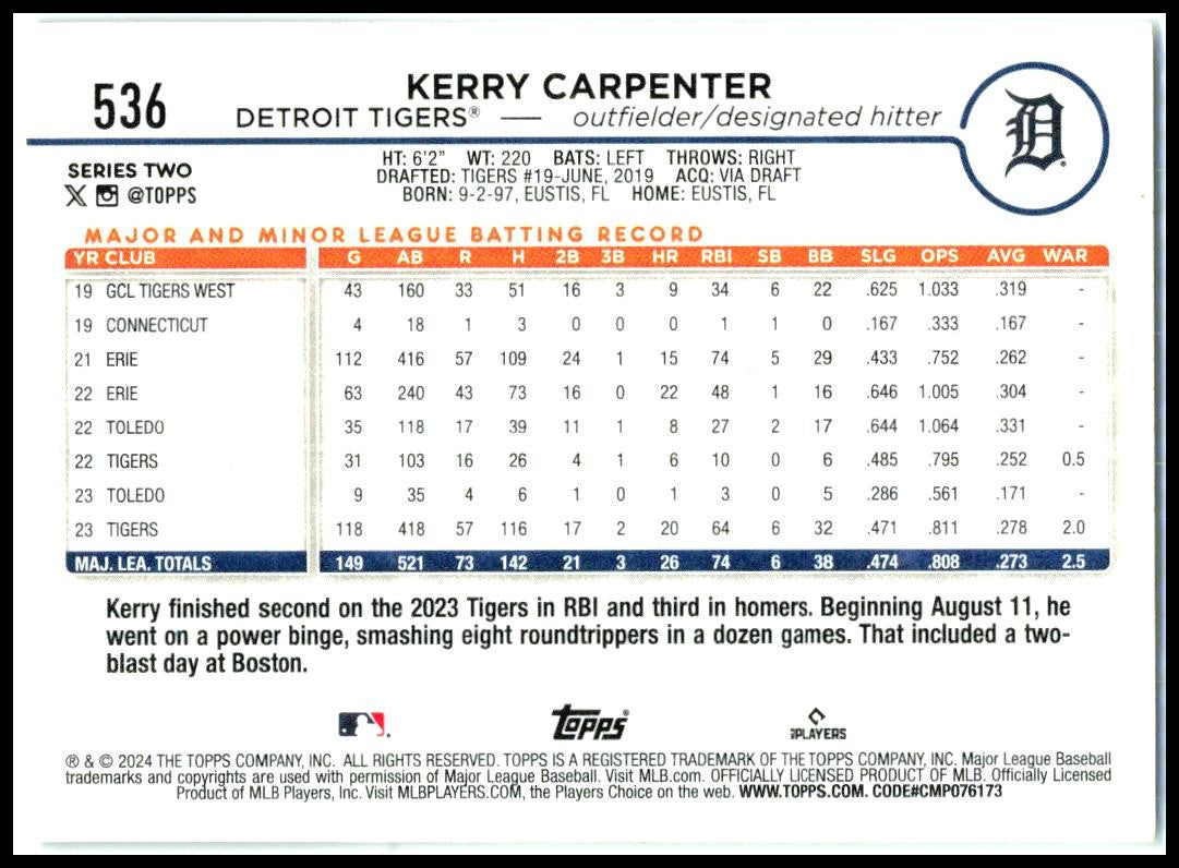 2024 Topps #536 Kerry Carpenter Detroit Tigers
