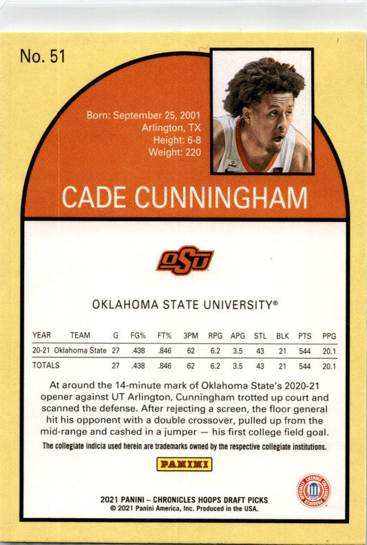 2021 Panini Chronicles Draft Picks #51 Cade Cunningham Cowboys / Pistons