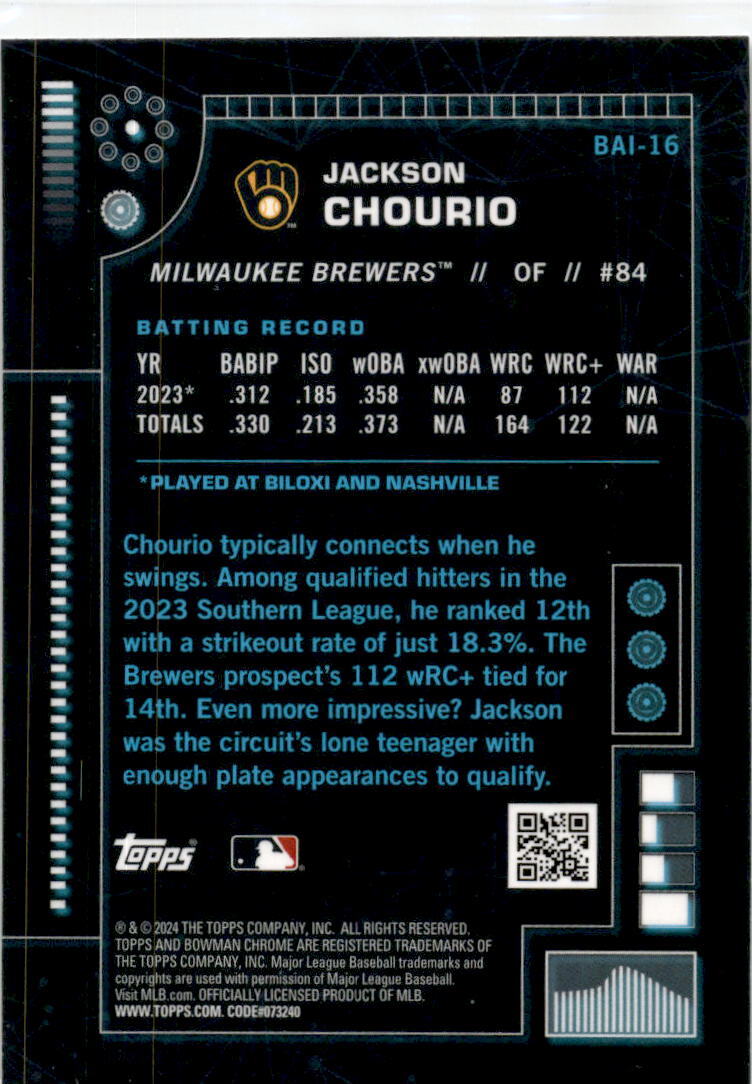 2024 Bowman Chrome A.I. #BAI-16 Jackson Chourio Milwaukee Brewers