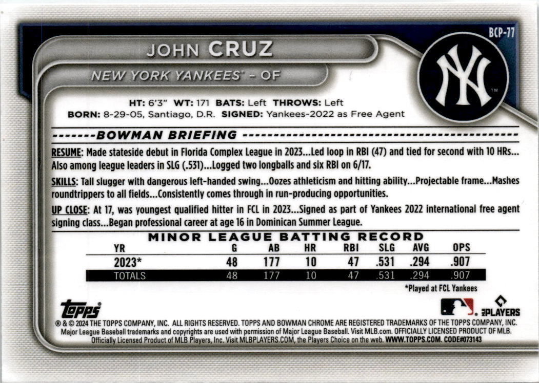 2024 Bowman Chrome Prospects Mojo Refractors #BCP-77 John Cruz New York Yankees