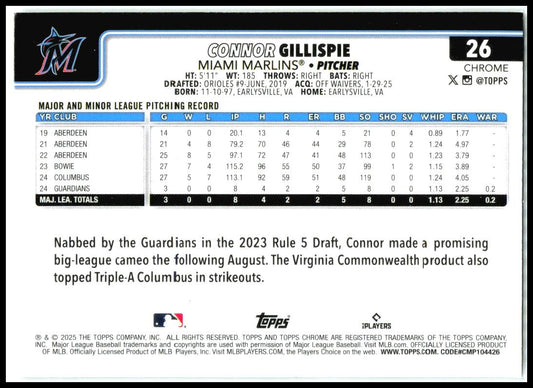 2025 Topps Chrome #26 Connor Gillispie Rookie Miami Marlins