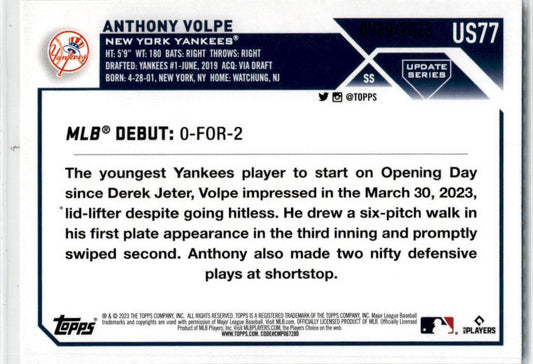 2023 Topps Update Gold #US77 Anthony Volpe #/2023 New York Yankees
