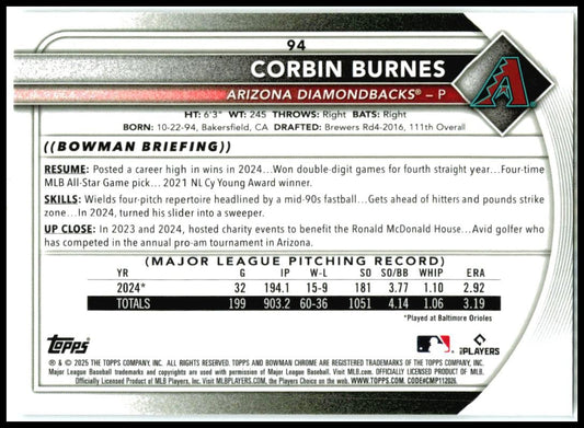 2025 Bowman Chrome #94 Corbin Burnes Arizona