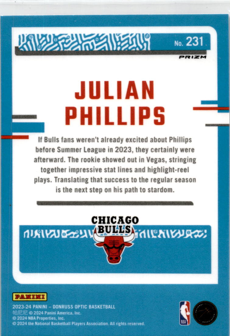 2023-24 Donruss Optic Purple Shock #231 Julian Phillips Rookie Chicago Bulls