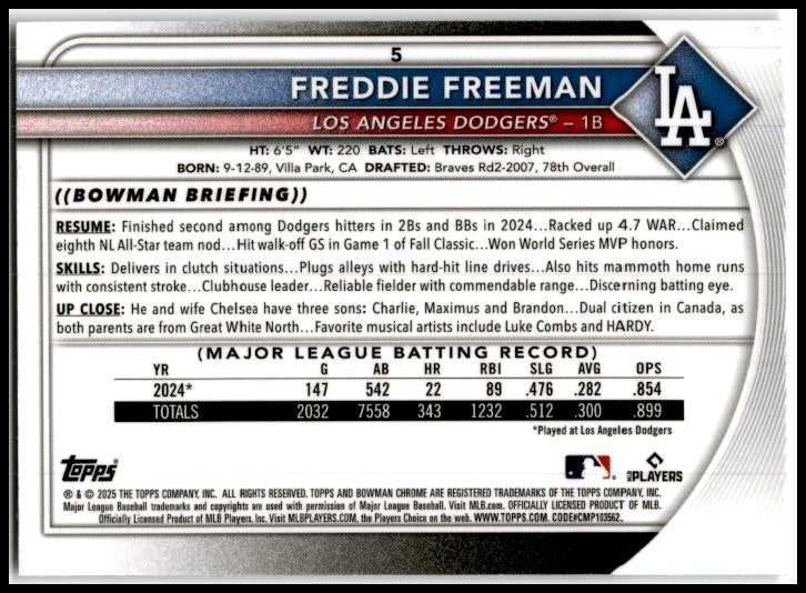 2025 Bowman Chrome Mojo #5 Freddie Freeman Dodgers