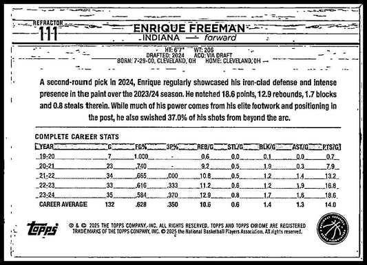 2024-25 Topps Chrome Refractor #111 Enrique Freeman Rookie Indiana Pacers