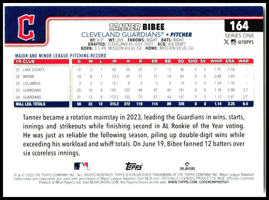 2025 Topps #164 Tanner Bibee Cleveland Guardians