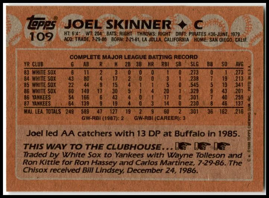 1988 Topps #109 Joel Skinner New York Yankees