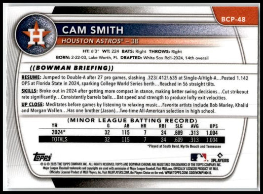 2025 Bowman Chrome Prospects #BCP-48 Cam Smith Houston Astros