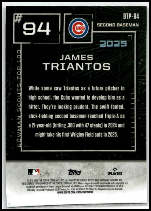 2025 Bowman Bowman Scouts Top 100 #BTP-94 James Triantos Chicago Cubs