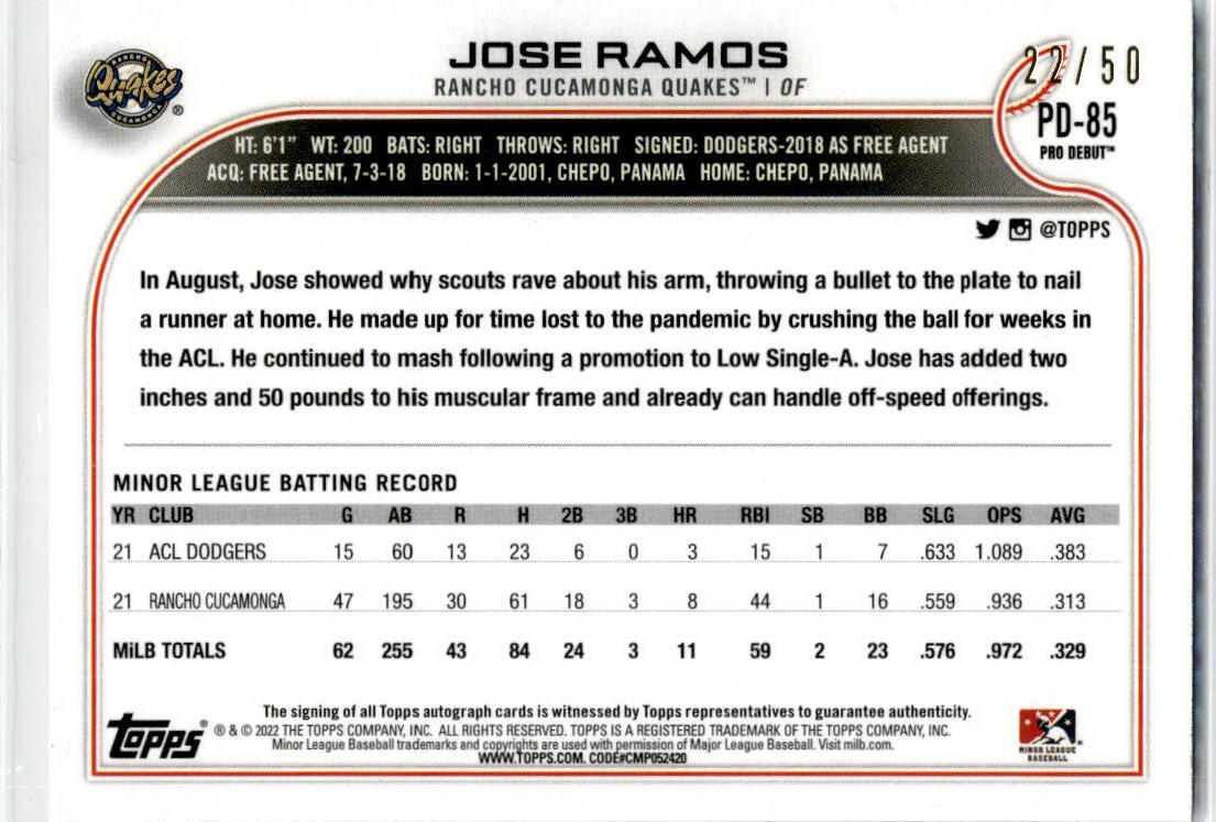 2022 Topps Pro Debut #PD-85 Jose Ramos Auto 22/50 Rancho Cucamonga Quakes