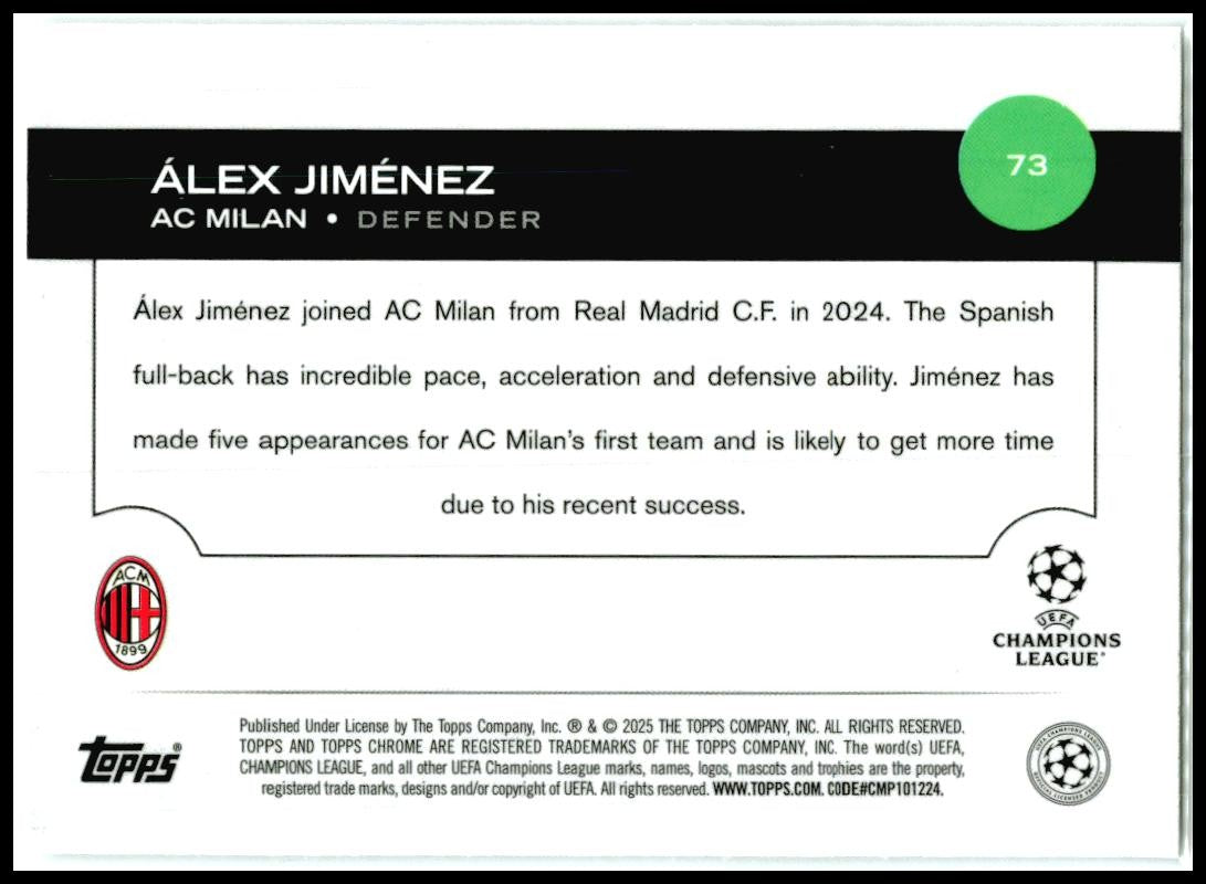 2024-25 Topps Chrome UEFA Club Competitions #73 Álex Jiménez Rookie A.C. Milan
