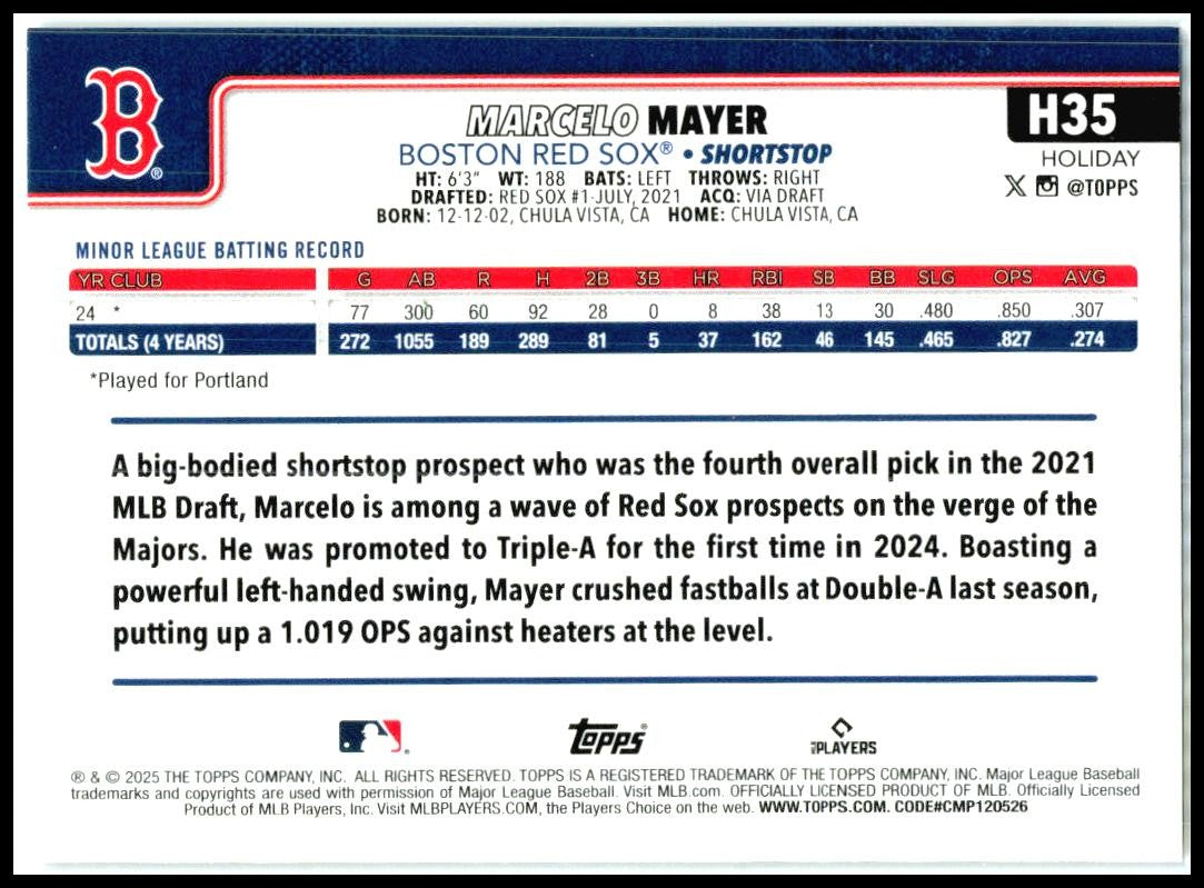 2025 Topps Holiday Silver Glitter Holiday #H35 Marcelo Mayer Rookie Boston
