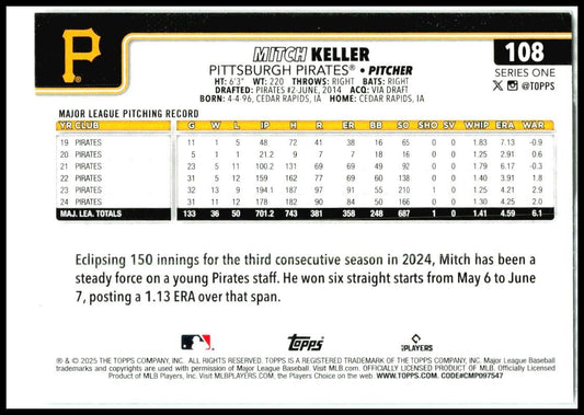 2025 Topps Silver Crackle Foilboard #108 Mitch Keller Pittsburgh Pirates