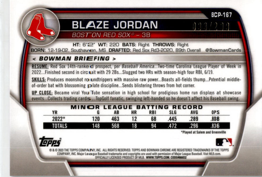 2023 Bowman Chrome Purple Mojo Refractor #BCP-167 Blaze Jordan Red Sox /299