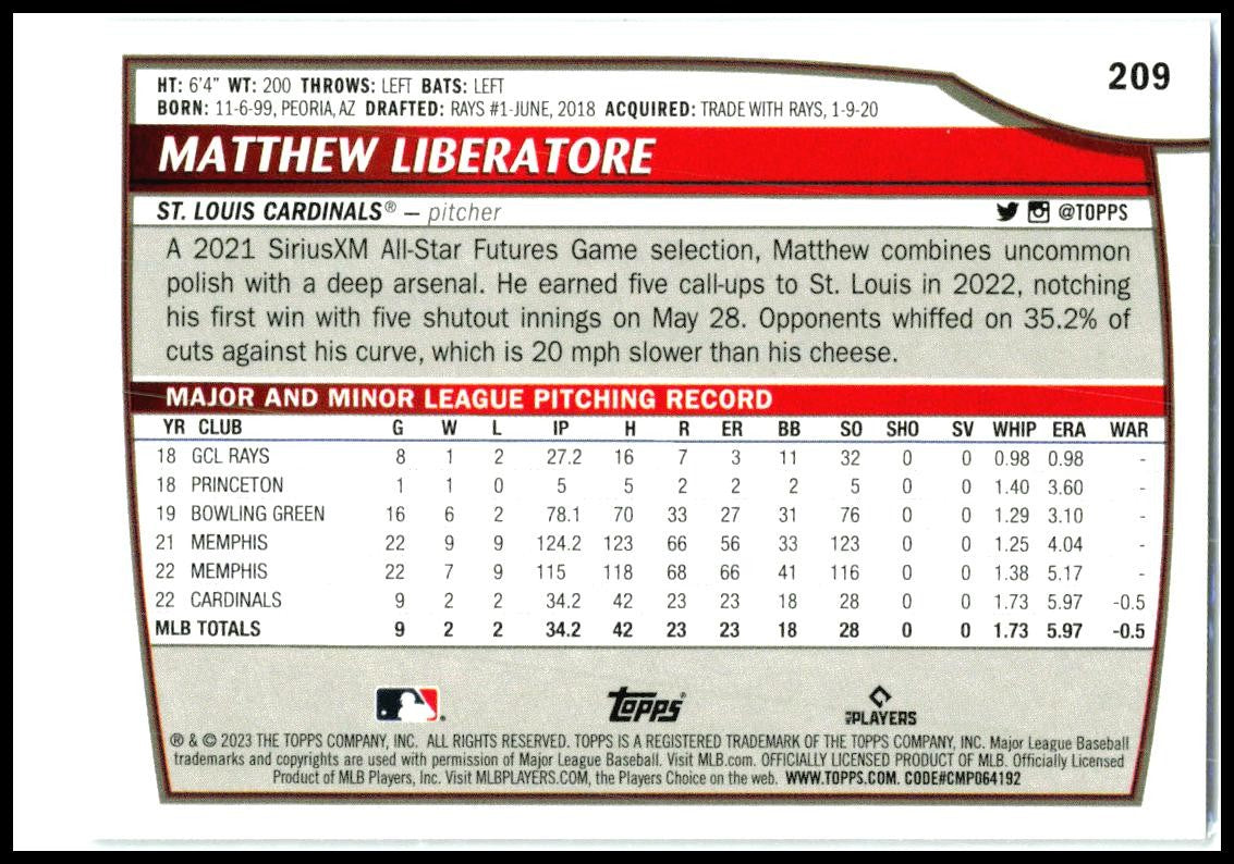 2023 Topps Big League Rainbow Foil #209 Matthew Liberatore Rookie St. Louis