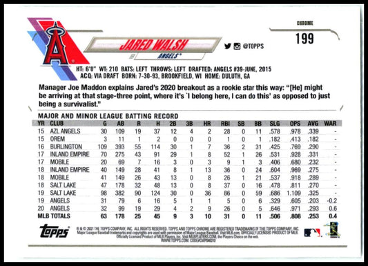 2021 Topps Chrome #199 Jared Walsh Los Angeles Angels