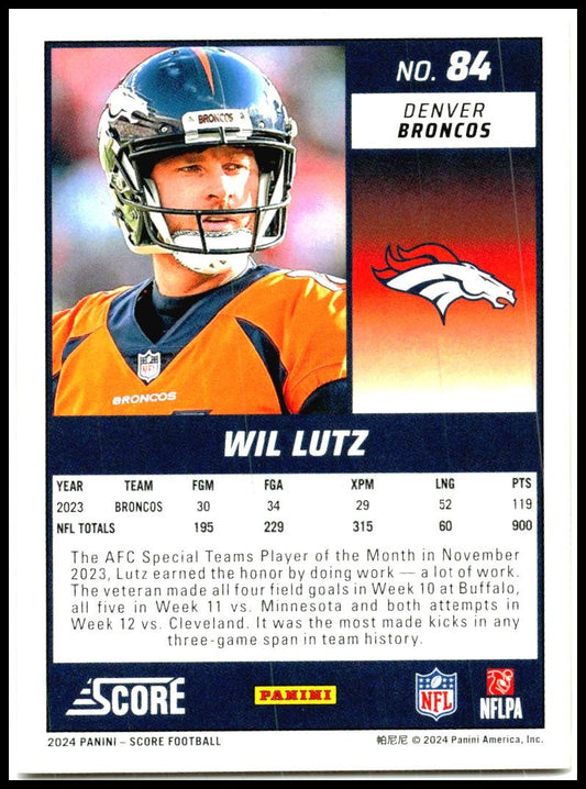 2024 Score Red #84 Wil Lutz Denver Broncos