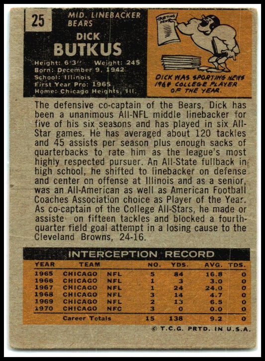 1971 Topps #25 Dick Butkus Chicago Bears