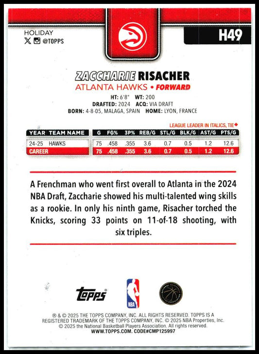 2025-26 Topps Holiday Glitter Holiday #H49 Zaccharie Risacher Atlanta Hawks