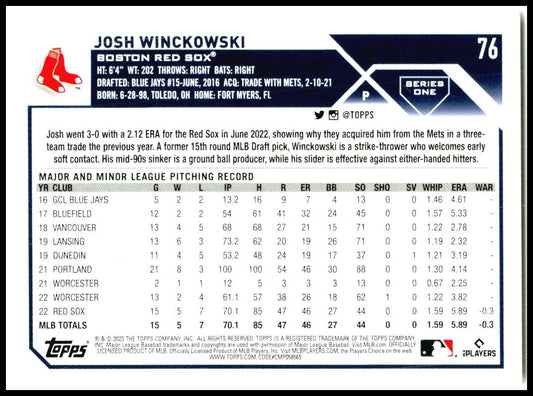 2023 Topps #76 Josh Winckowski Boston Red Sox