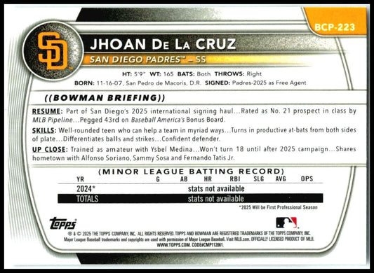 2025 Bowman Chrome #BCP-223 Jhoan De La Cruz Paders
