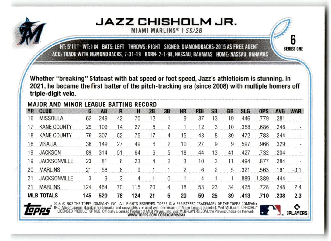 2022 Topps Jazz Chisholm Jr. Miami Marlins #6