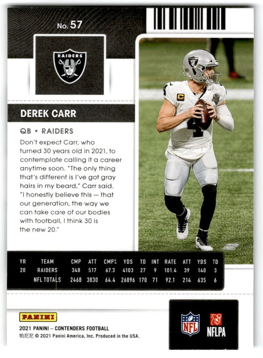 2021 Panini Contenders Derek Carr Las Vegas Raiders #57