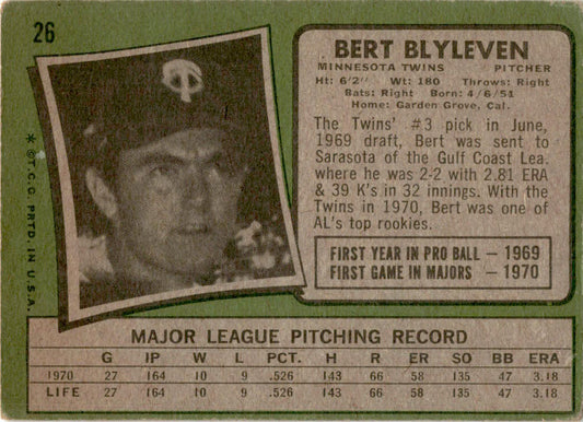 1971 Topps #26 Bert Blyleven Rookie Minnesota Twins