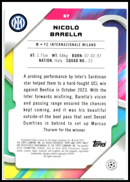 2024-25 topps finest uefa #67 Nicolo Barella