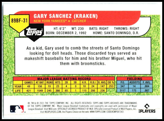 2021 Topps Archives 1989 Topps Big Foil #89BF-31 Gary Sanchez New York Yankees