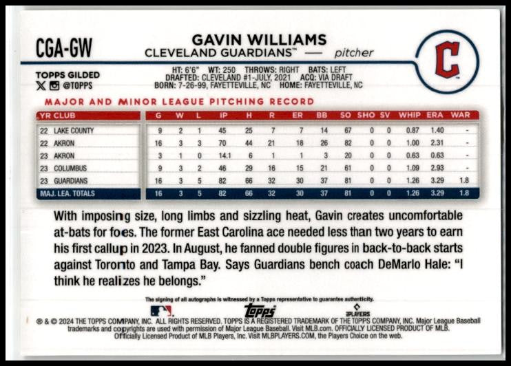 2024 Topps Gilded Collection #105 Gavin Williams Rookie #/99 Cleveland Guardians