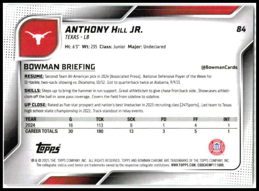 2025 Bowman Chrome University Fuchsia Refractor /225 #84 Anthony Hill JR Texas