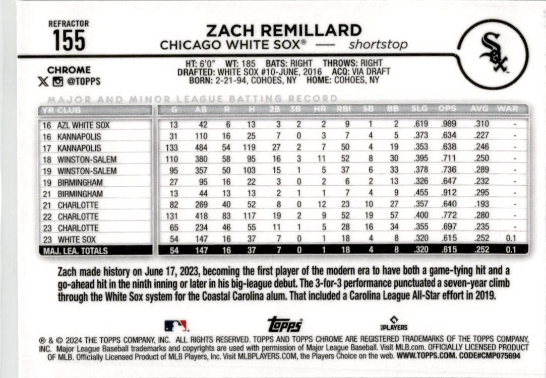 2024 Topps Chrome Refractors #155 Zach Remillard Rookie Chicago White Sox