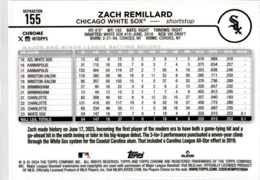 2024 Topps Chrome Refractors #155 Zach Remillard Rookie Chicago White Sox