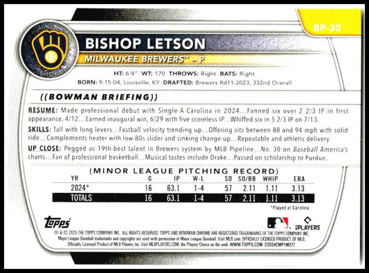 2025 Bowman Prospects #BP-30 Bishop Letson Milwaukee Brewers