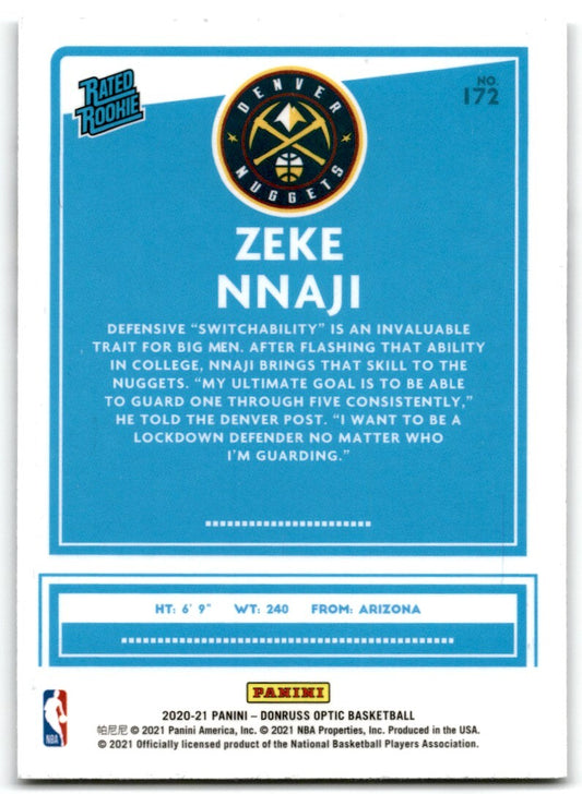 2020-21 Panini Donruss Rated Rookie Zeke Nnaji Denver Nuggets #172