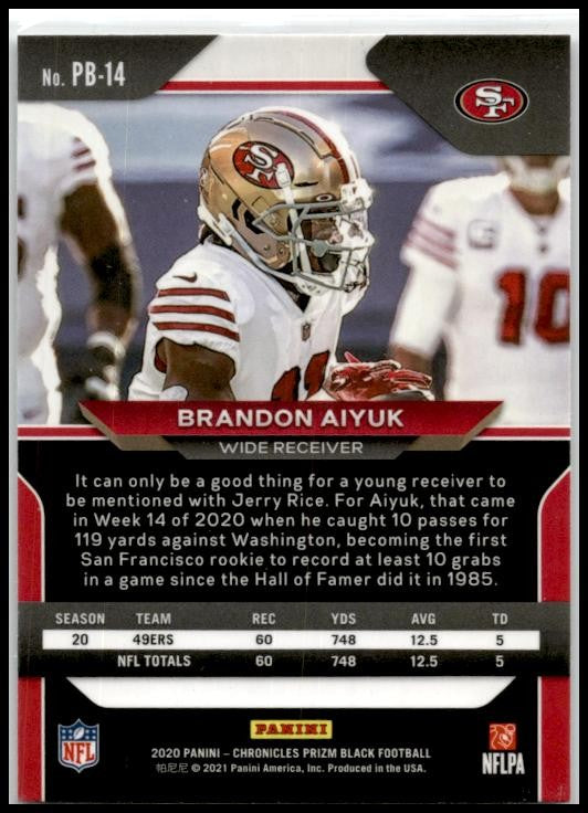 2020 Panini Chronicles Prizm Black #PB-14 Brandon Aiyuk San Francisco 49ers