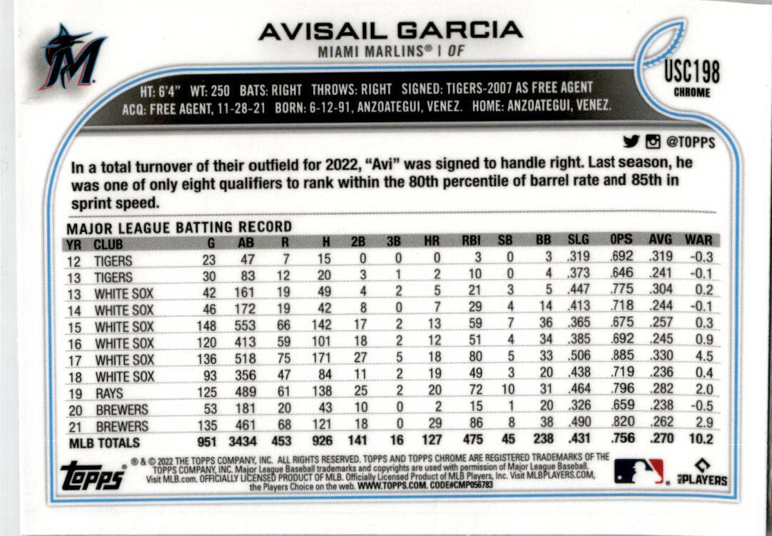 2022 Topps Chrome Purple Refractor #usc198 Avisail Garcia Miami Marlins