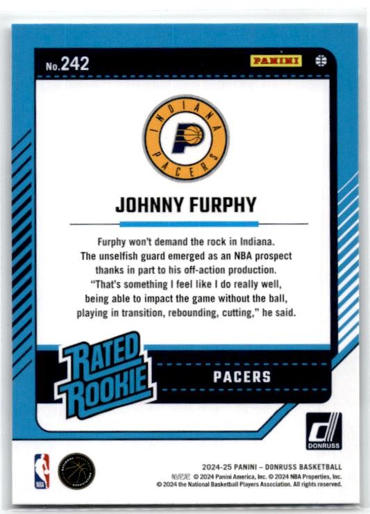 2024-25 Donruss #242 Johnny Furphy Rookie Indiana Pacers