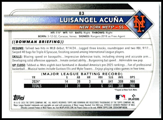 2025 Bowman #83 Luisangel Acuña Rookie New York Mets