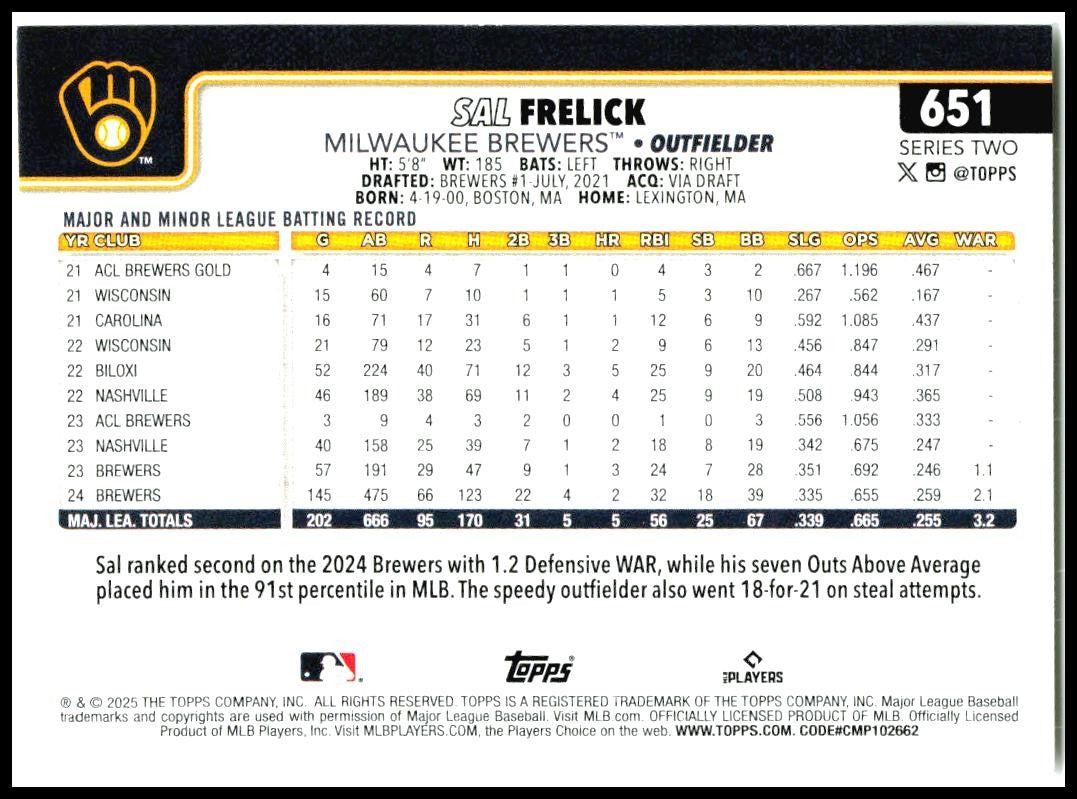 2025 Topps #651 Sal Frelick Milwaukee Brewers