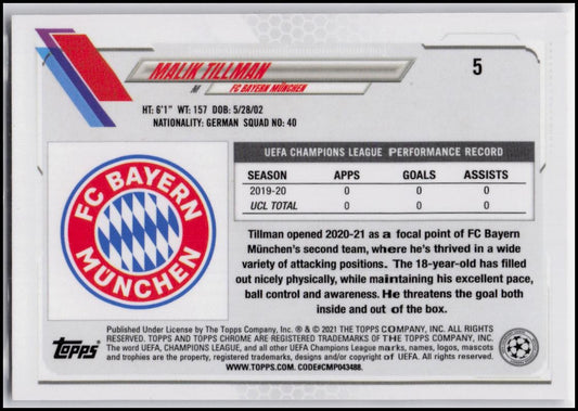 2020-21 Topps Chrome UEFA Champions League #5 Malik Tillman